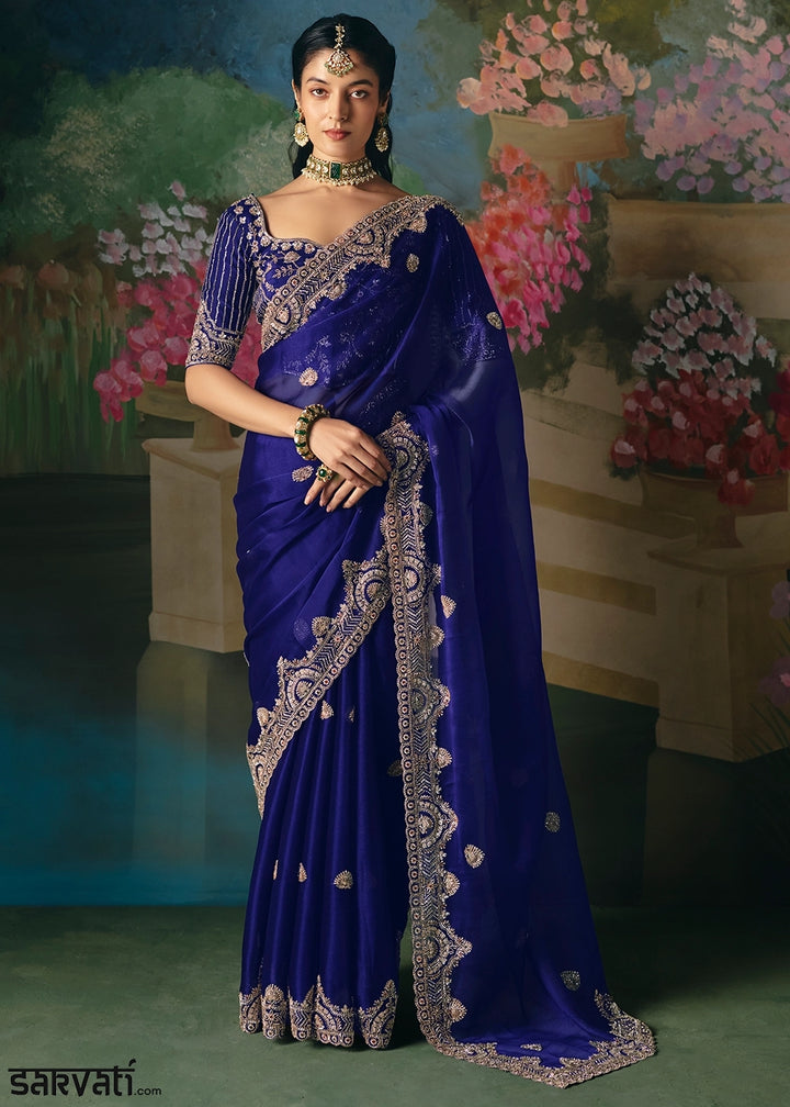 Midnight Blue Designer Saree in Tissue Fabric with Hand Embroidery