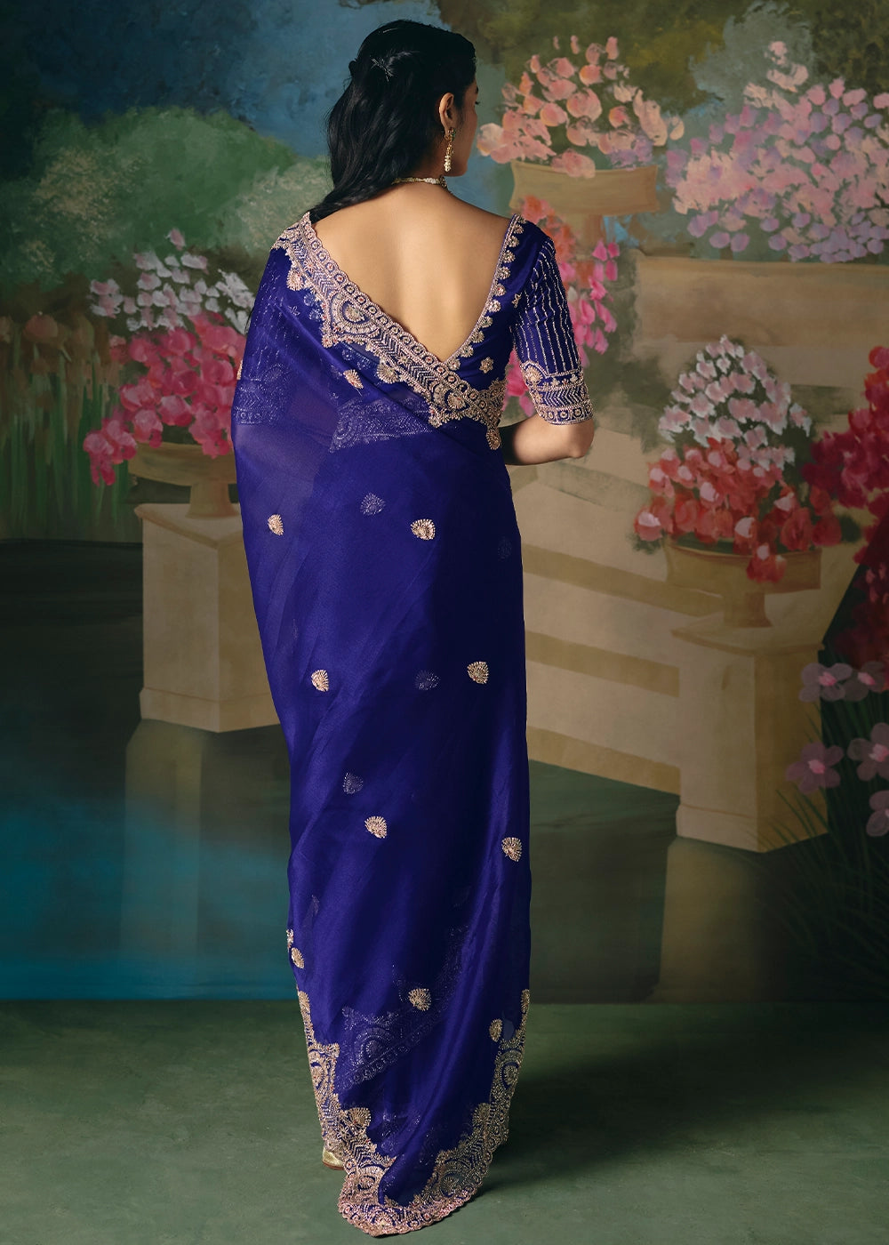 Midnight Blue Designer Saree in Tissue Fabric with Hand Embroidery
