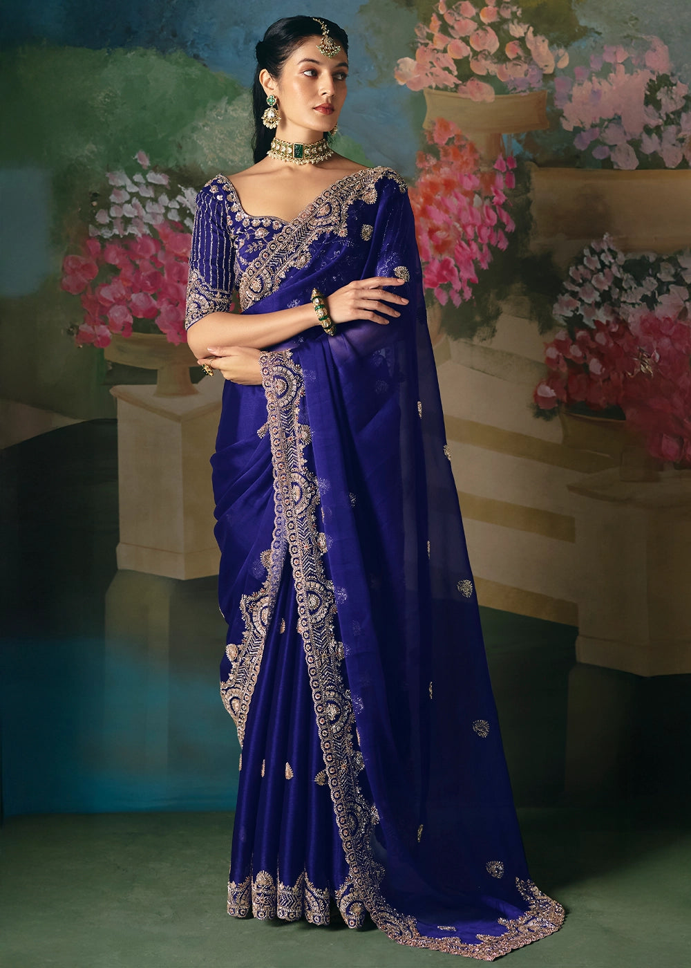 Midnight Blue Designer Saree in Tissue Fabric with Hand Embroidery