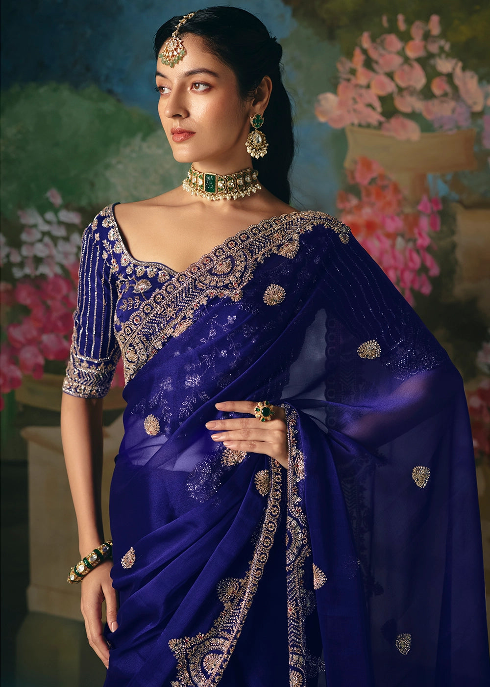 Midnight Blue Designer Saree in Tissue Fabric with Hand Embroidery