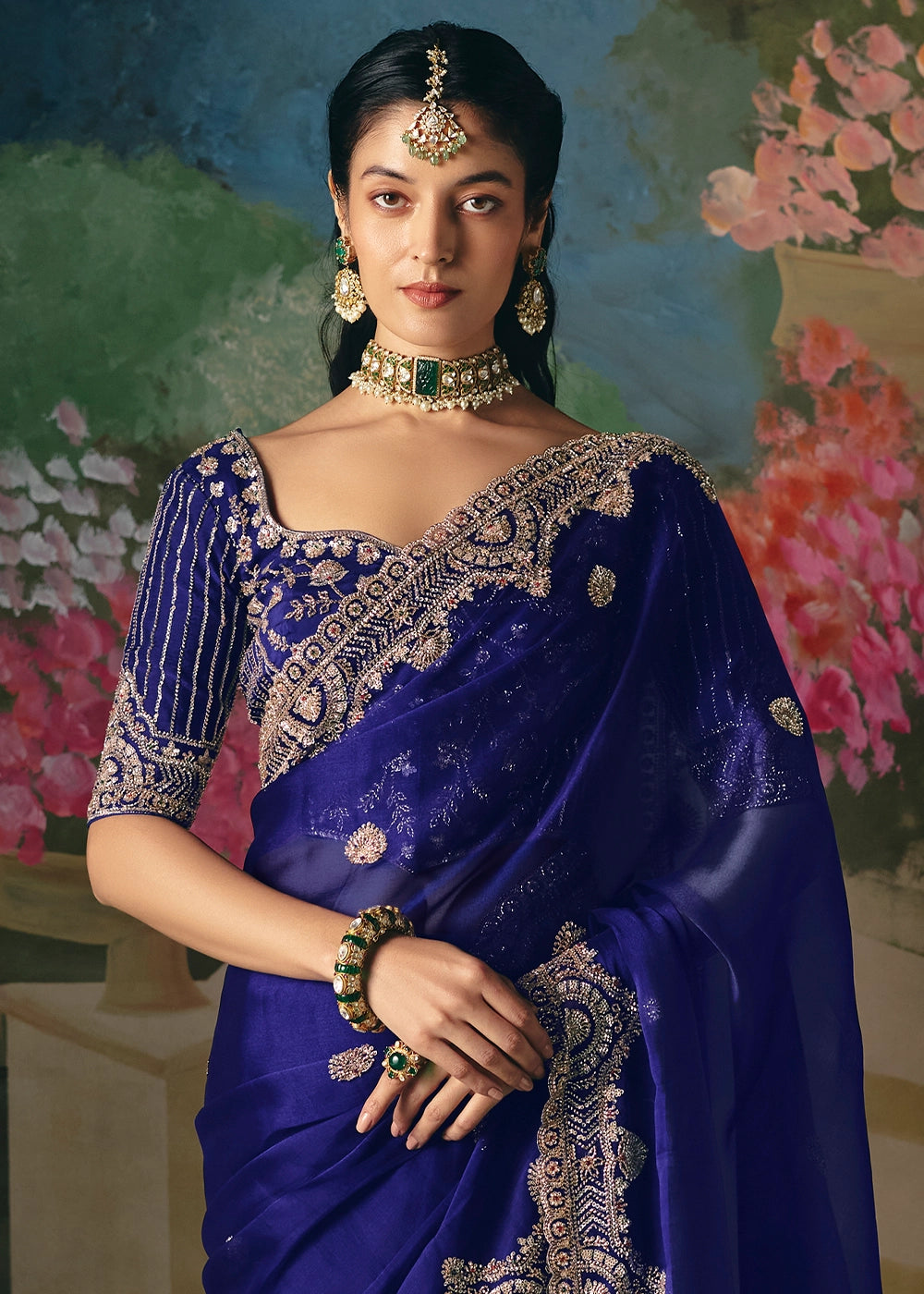 Midnight Blue Designer Saree in Tissue Fabric with Hand Embroidery