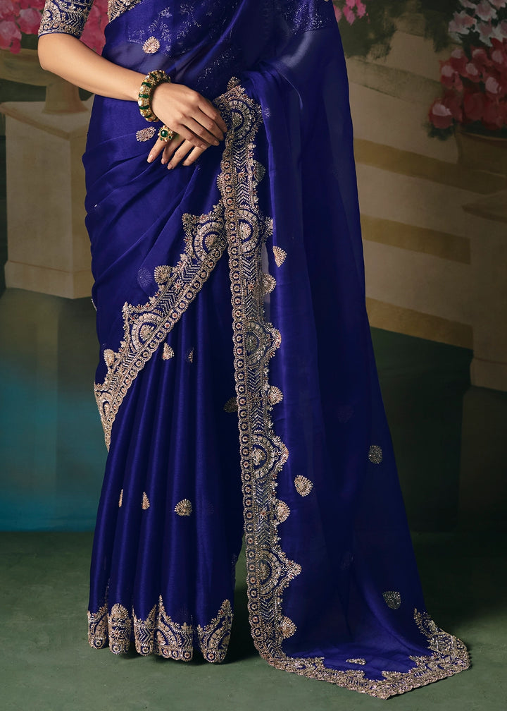 Midnight Blue Designer Saree in Tissue Fabric with Hand Embroidery