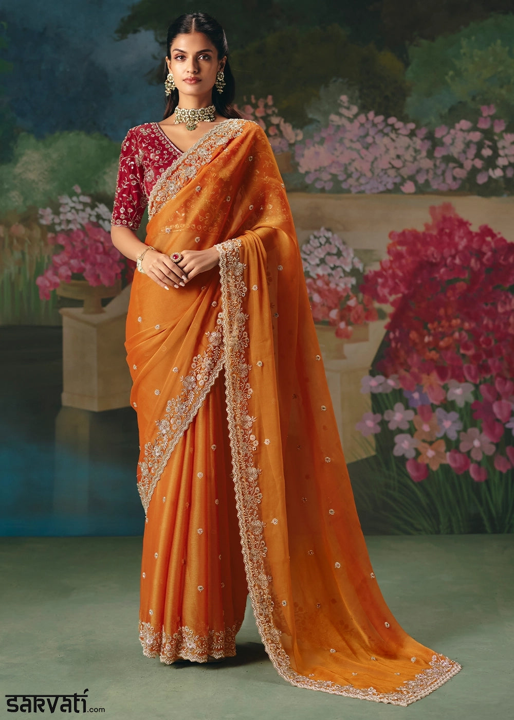 Sherbet Orange Designer Saree in Tissue Fabric with Hand Embroidery