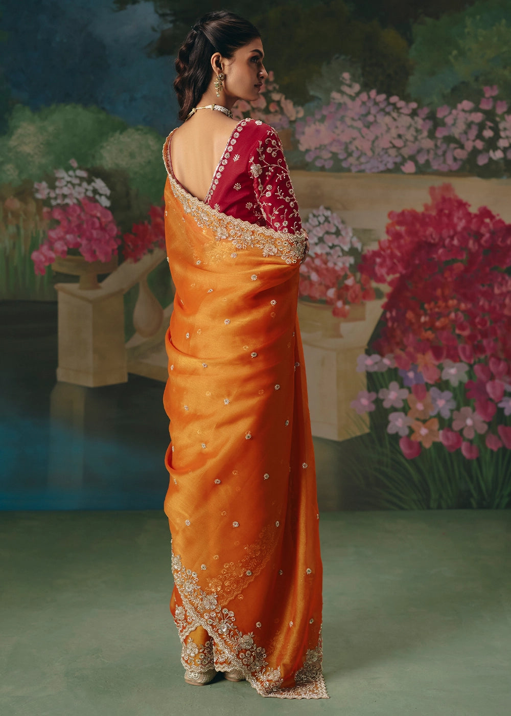 Sherbet Orange Designer Saree in Tissue Fabric with Hand Embroidery