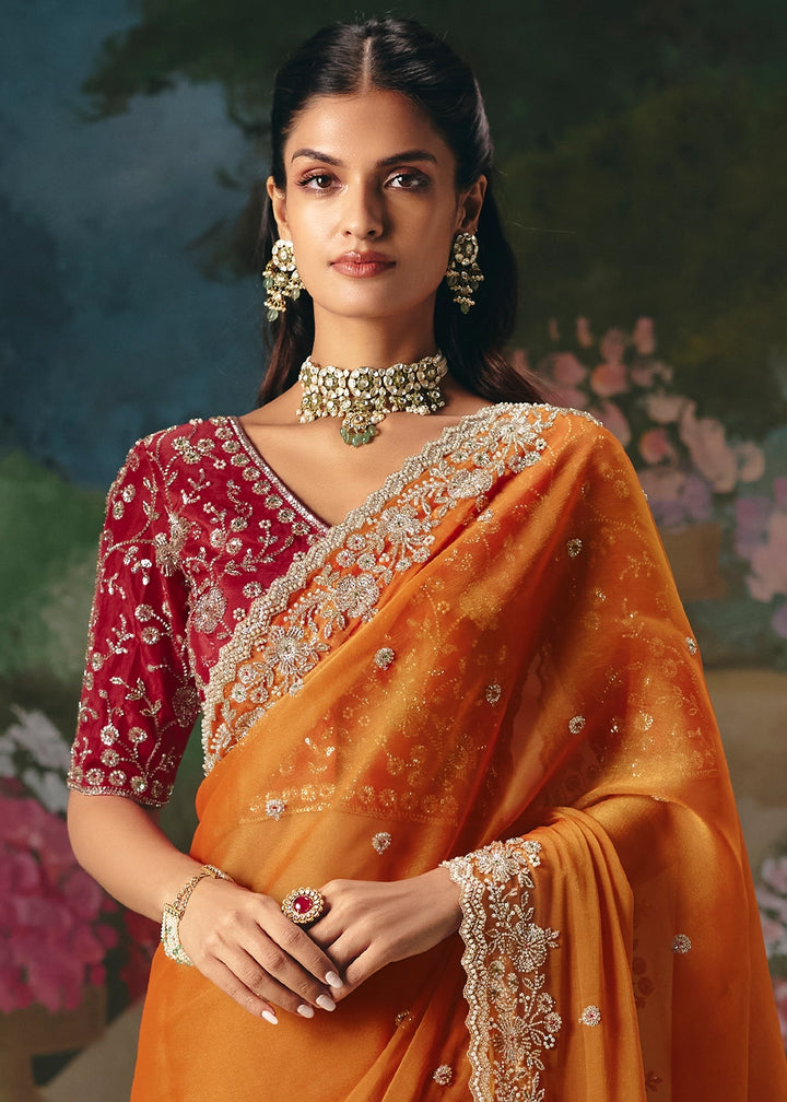 Sherbet Orange Designer Saree in Tissue Fabric with Hand Embroidery