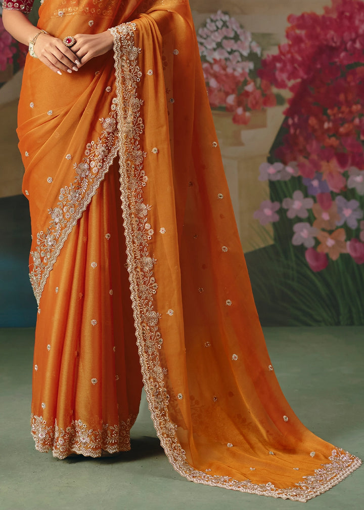 Sherbet Orange Designer Saree in Tissue Fabric with Hand Embroidery