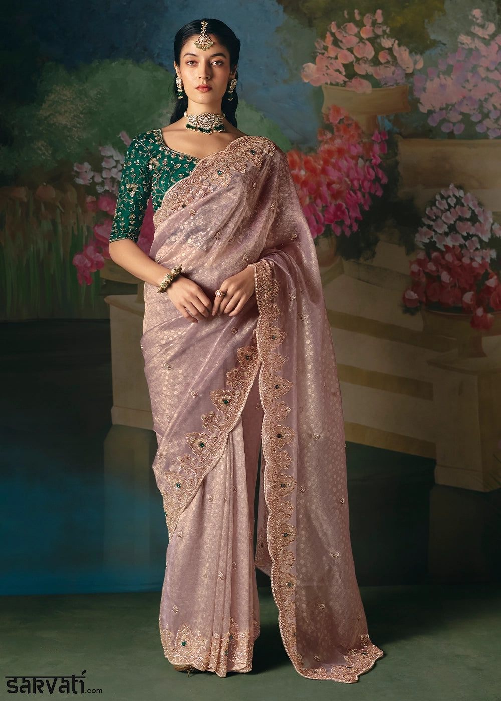 Pastel Purple Designer Saree in Tissue Fabric with Hand Embroidery
