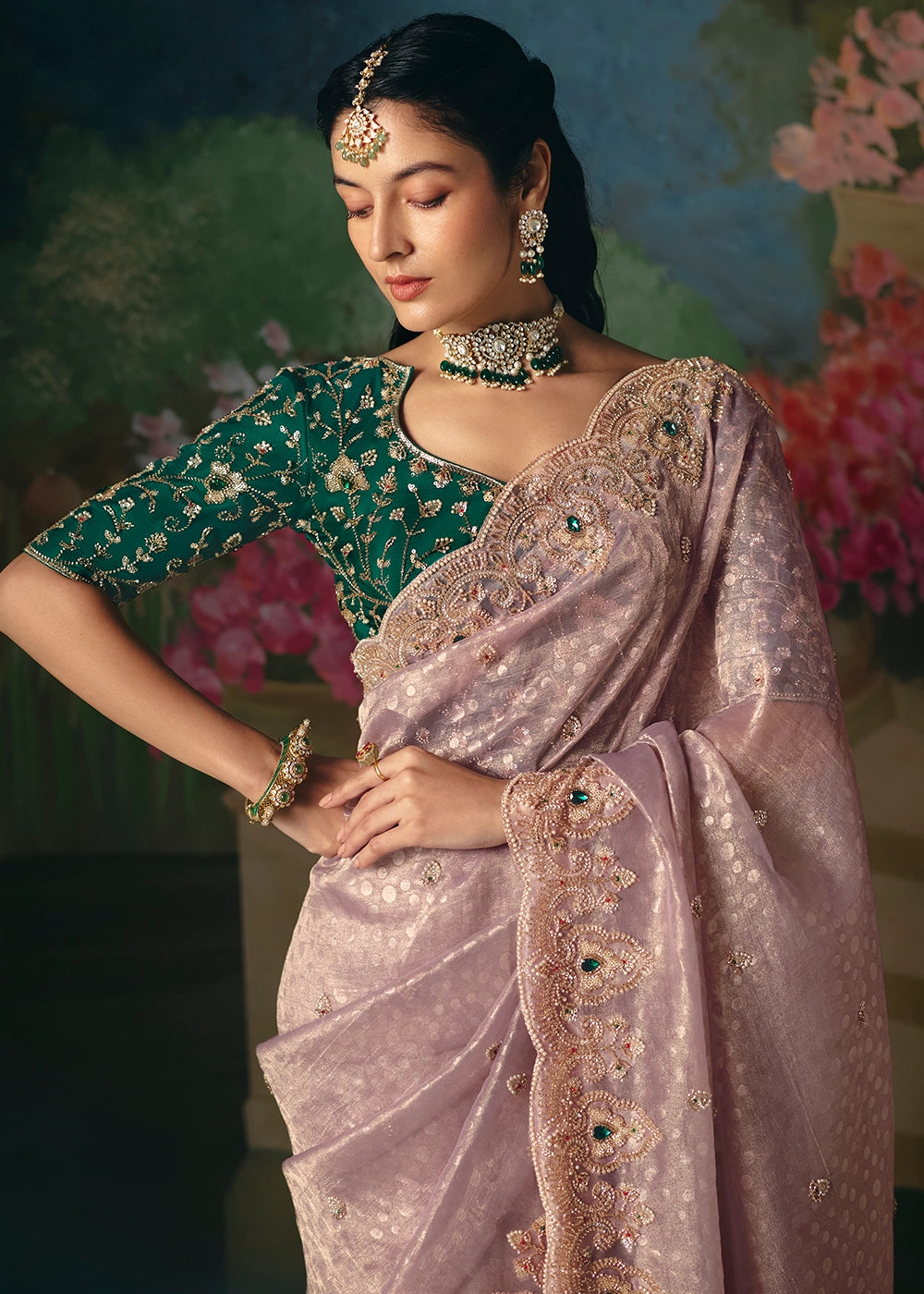Pastel Purple Designer Saree in Tissue Fabric with Hand Embroidery