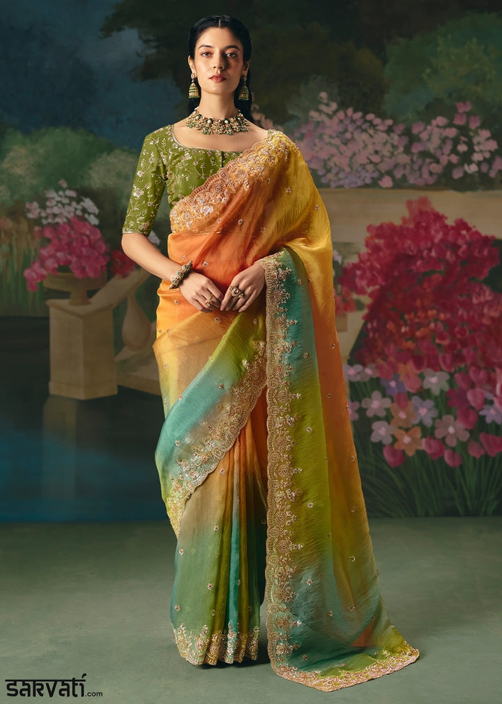 Multicolored Designer Saree in Tissue Fabric with Hand Embroidery