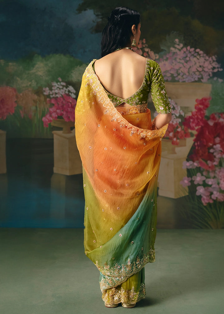 Multicolored Designer Saree in Tissue Fabric with Hand Embroidery