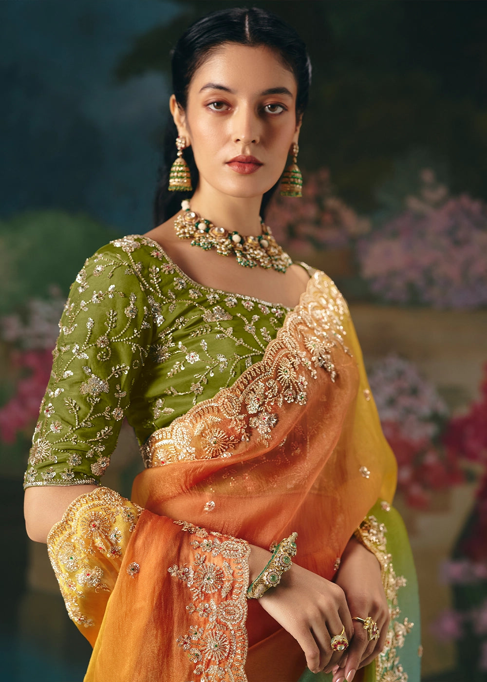 Multicolored Designer Saree in Tissue Fabric with Hand Embroidery