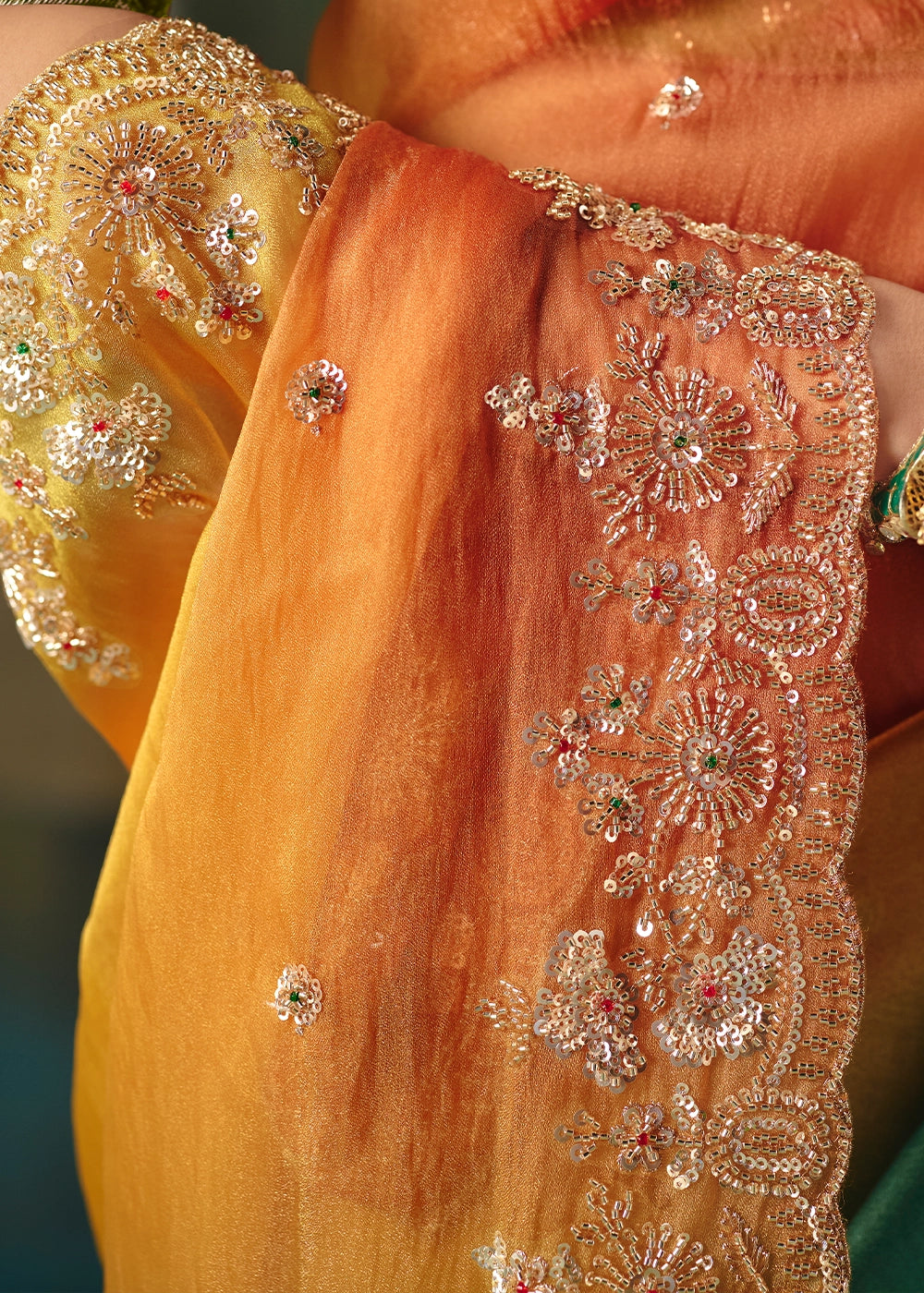 Multicolored Designer Saree in Tissue Fabric with Hand Embroidery