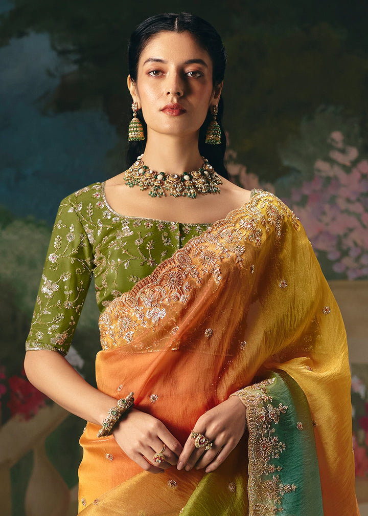 Multicolored Designer Saree in Tissue Fabric with Hand Embroidery