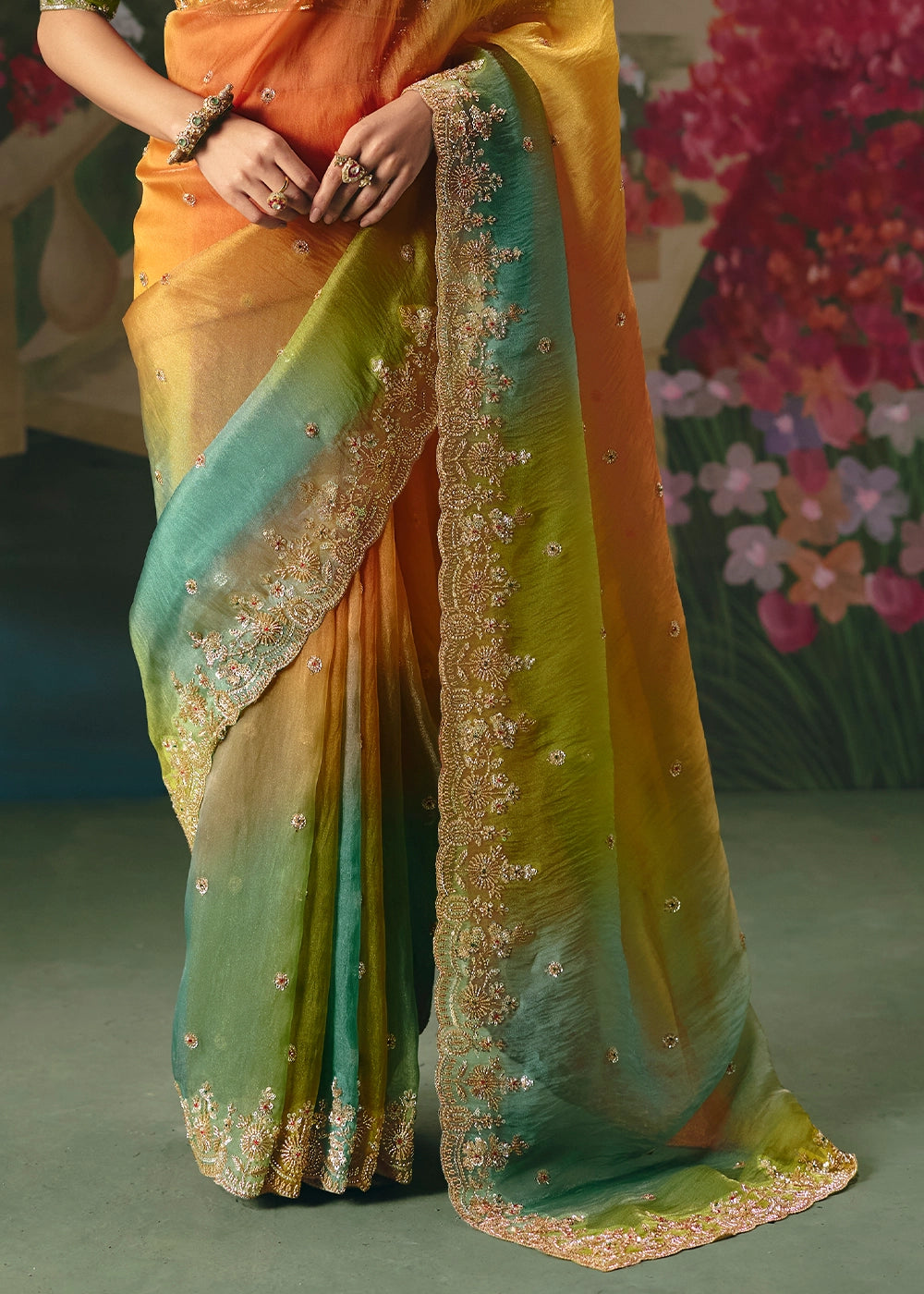 Multicolored Designer Saree in Tissue Fabric with Hand Embroidery