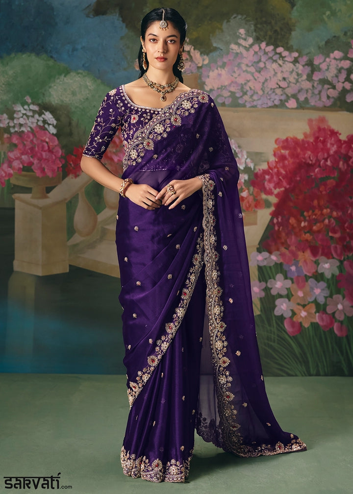 Indigo Purple Designer Saree in Tissue Fabric with Hand Embroidery
