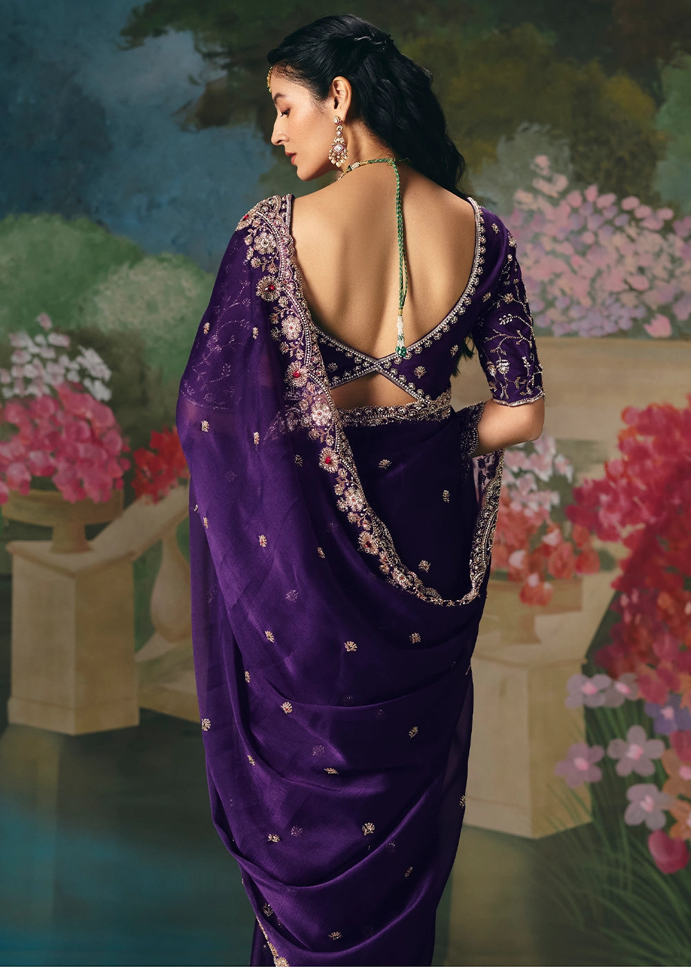 Indigo Purple Designer Saree in Tissue Fabric with Hand Embroidery