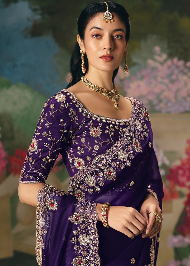 Indigo Purple Designer Saree in Tissue Fabric with Hand Embroidery