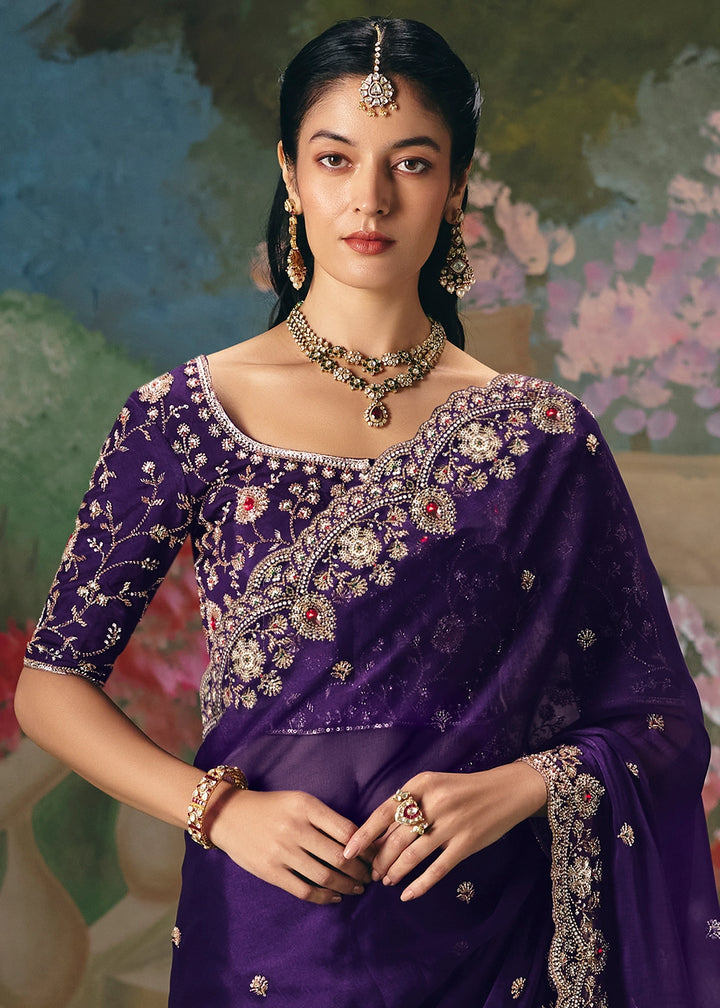 Indigo Purple Designer Saree in Tissue Fabric with Hand Embroidery