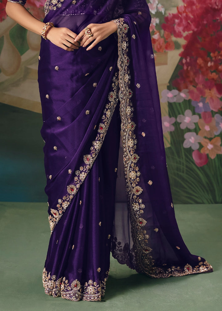 Indigo Purple Designer Saree in Tissue Fabric with Hand Embroidery