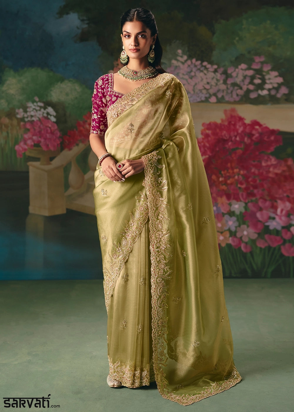 Gin Green Designer Saree in Tissue Fabric with Hand Embroidery