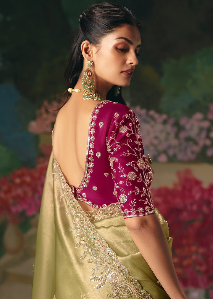 Gin Green Designer Saree in Tissue Fabric with Hand Embroidery