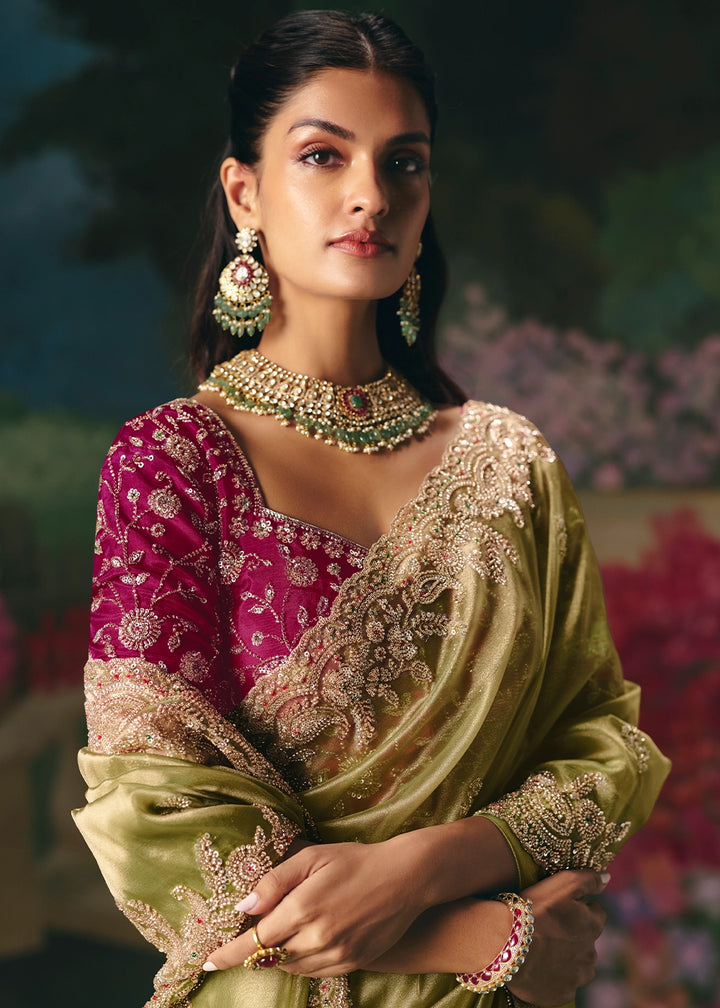 Gin Green Designer Saree in Tissue Fabric with Hand Embroidery