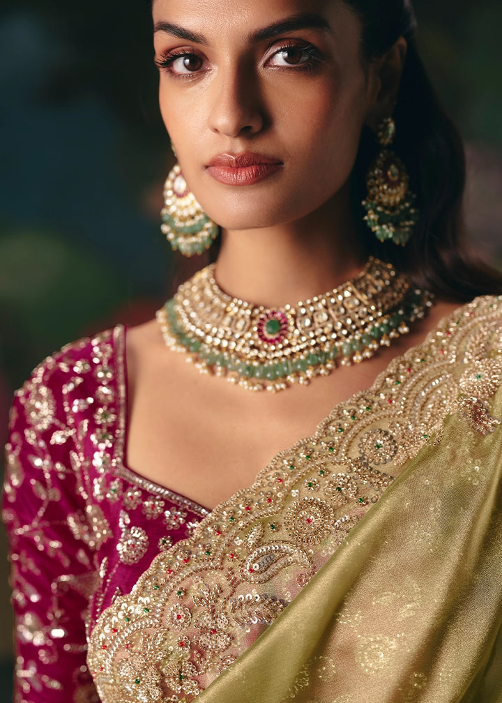 Gin Green Designer Saree in Tissue Fabric with Hand Embroidery