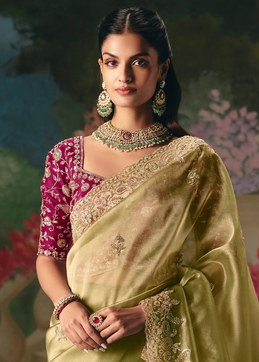 Gin Green Designer Saree in Tissue Fabric with Hand Embroidery