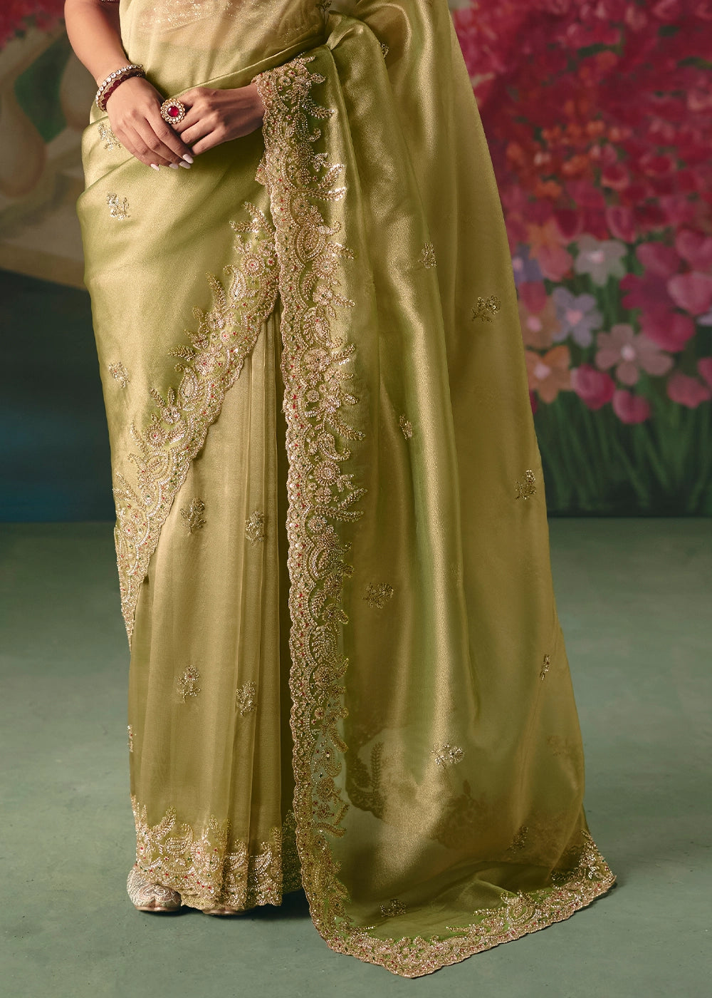 Gin Green Designer Saree in Tissue Fabric with Hand Embroidery