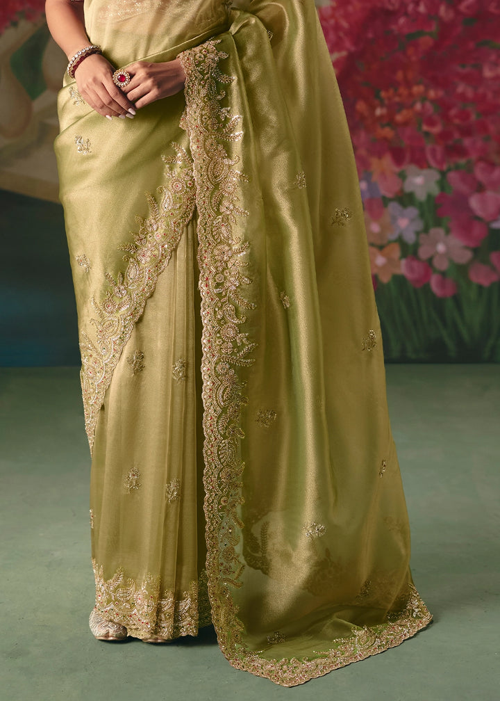 Gin Green Designer Saree in Tissue Fabric with Hand Embroidery