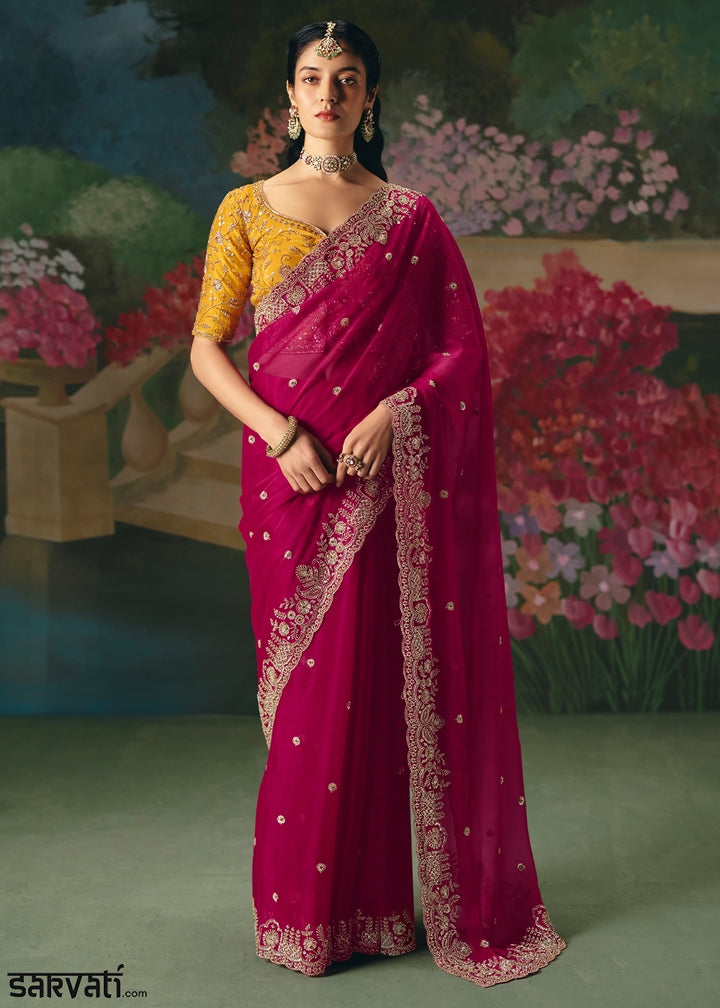Magenta Pink Designer Saree in Tissue Fabric with Hand Embroidery