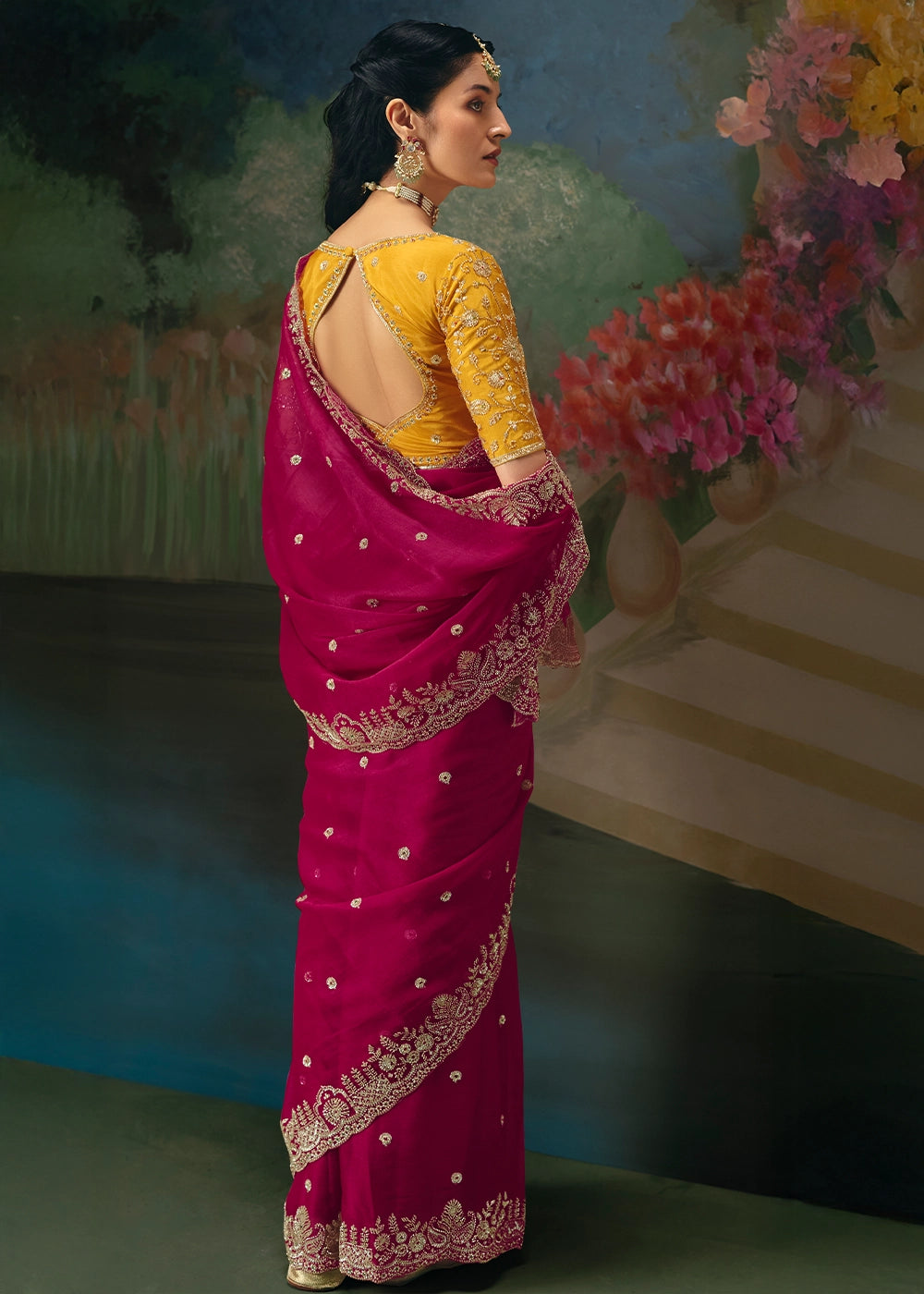 Magenta Pink Designer Saree in Tissue Fabric with Hand Embroidery