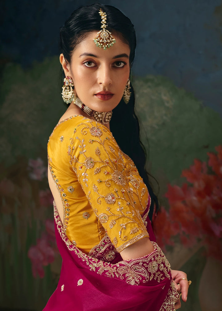 Magenta Pink Designer Saree in Tissue Fabric with Hand Embroidery