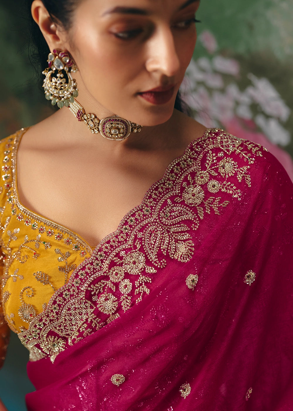 Magenta Pink Designer Saree in Tissue Fabric with Hand Embroidery