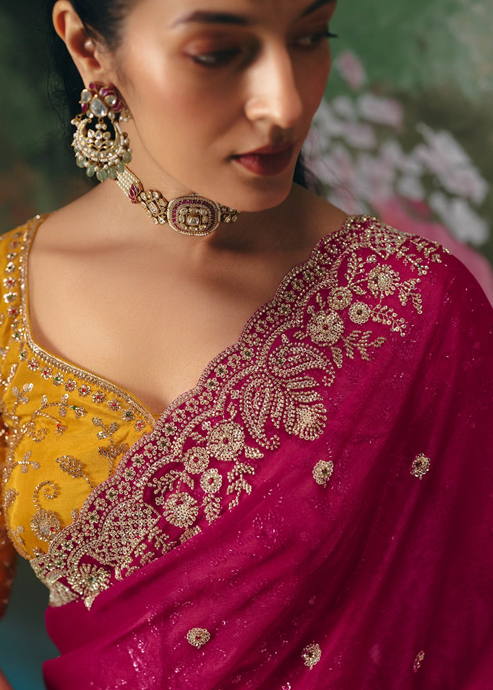 Magenta Pink Designer Saree in Tissue Fabric with Hand Embroidery