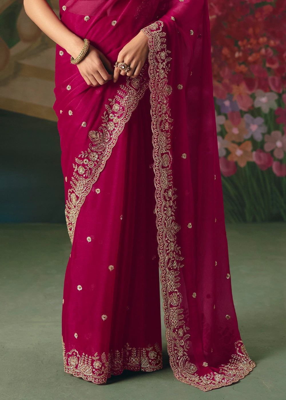Magenta Pink Designer Saree in Tissue Fabric with Hand Embroidery