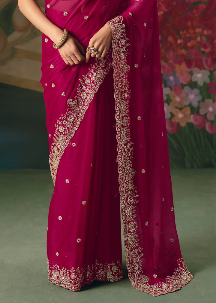 Magenta Pink Designer Saree in Tissue Fabric with Hand Embroidery