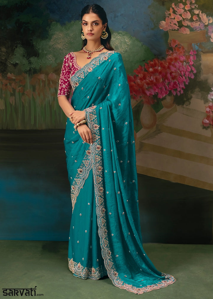 Dark Cerulean Blue Designer Saree in Tissue Fabric with Hand Embroidery