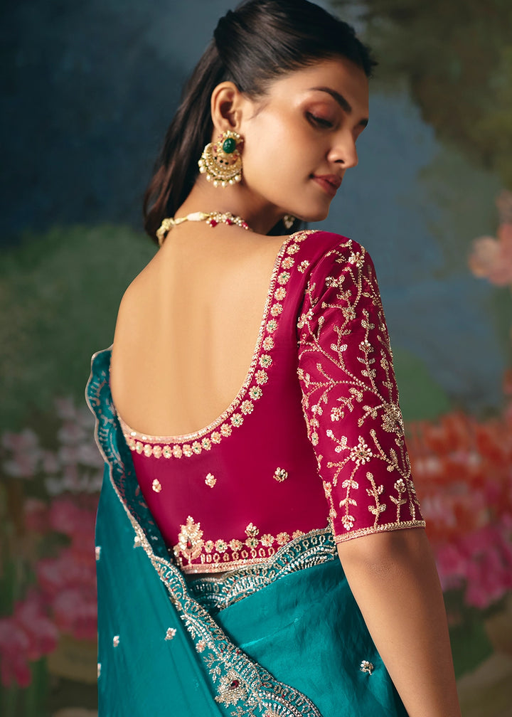 Dark Cerulean Blue Designer Saree in Tissue Fabric with Hand Embroidery