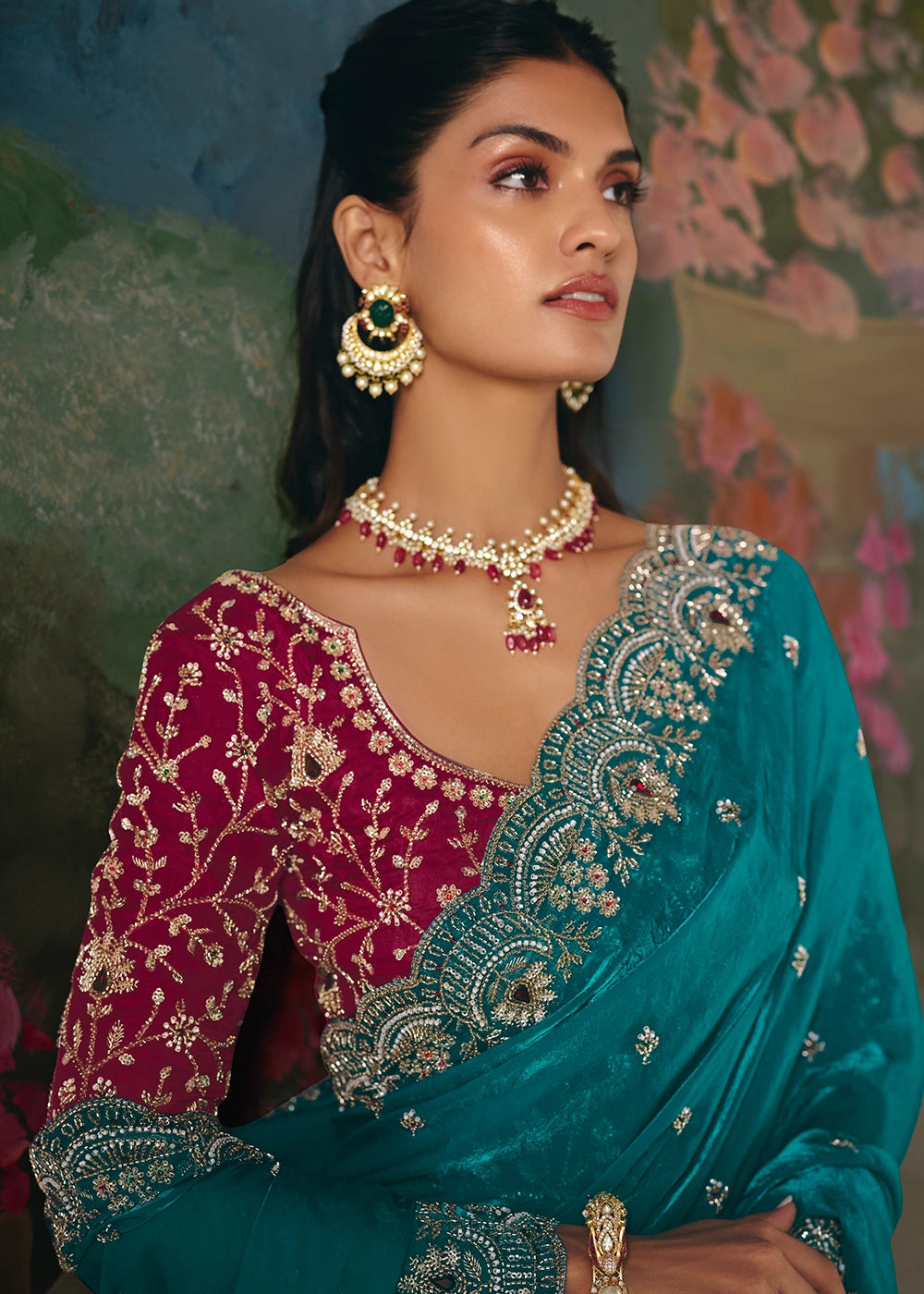 Dark Cerulean Blue Designer Saree in Tissue Fabric with Hand Embroidery