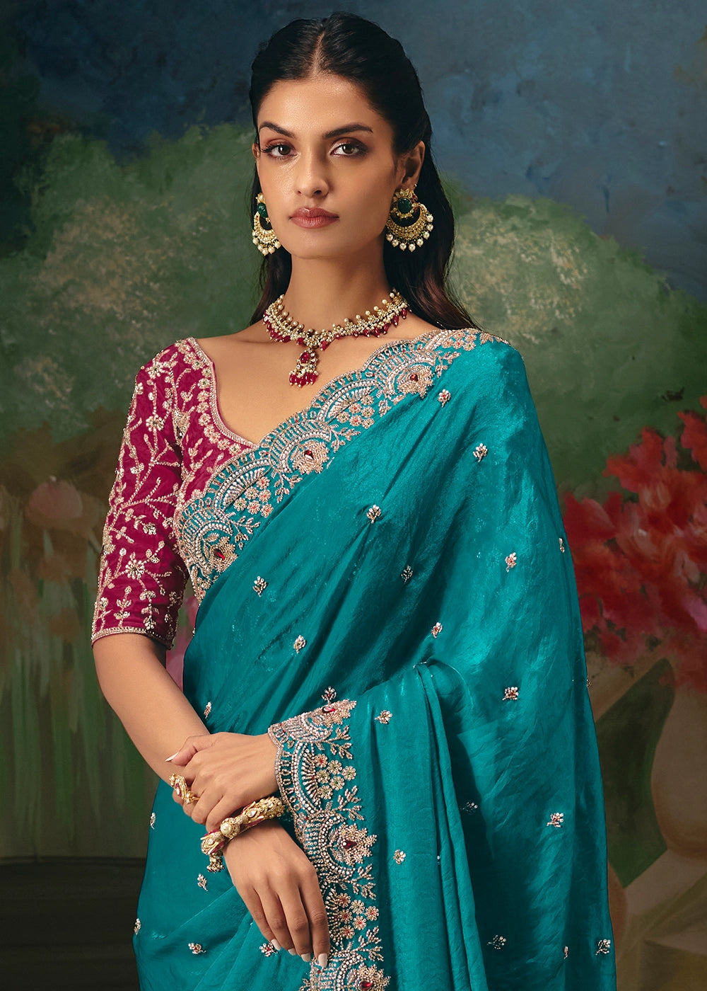Dark Cerulean Blue Designer Saree in Tissue Fabric with Hand Embroidery