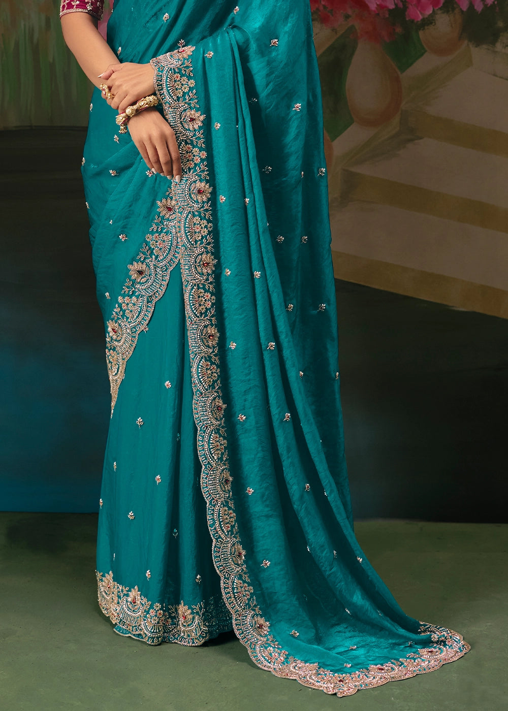 Dark Cerulean Blue Designer Saree in Tissue Fabric with Hand Embroidery