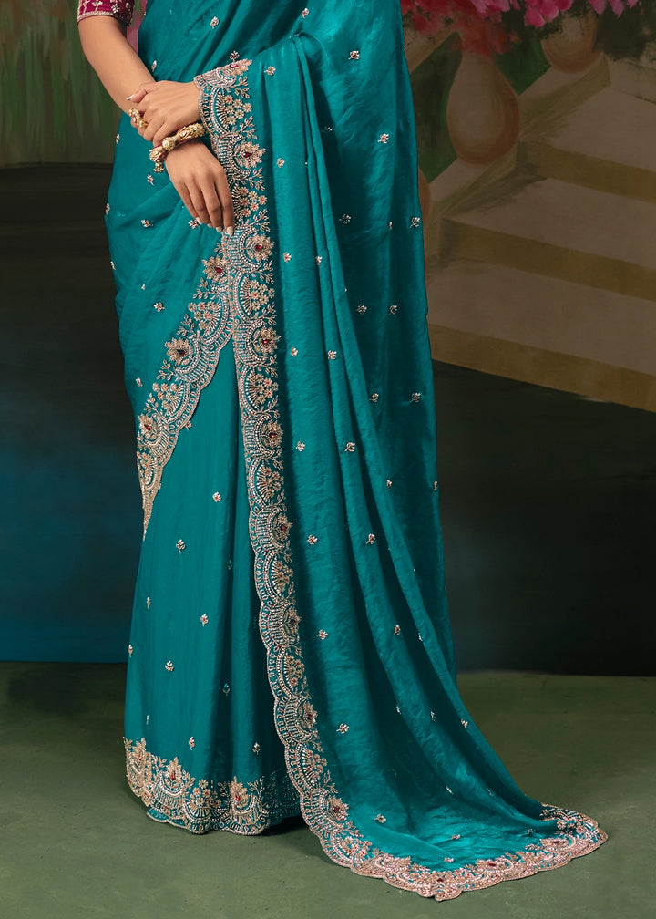 Dark Cerulean Blue Designer Saree in Tissue Fabric with Hand Embroidery