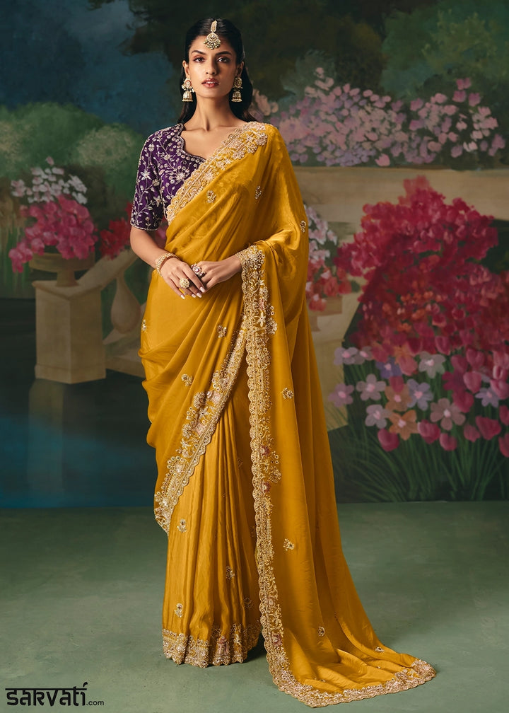 Mustard Yellow Designer Saree in Tissue Fabric with Hand Embroidery