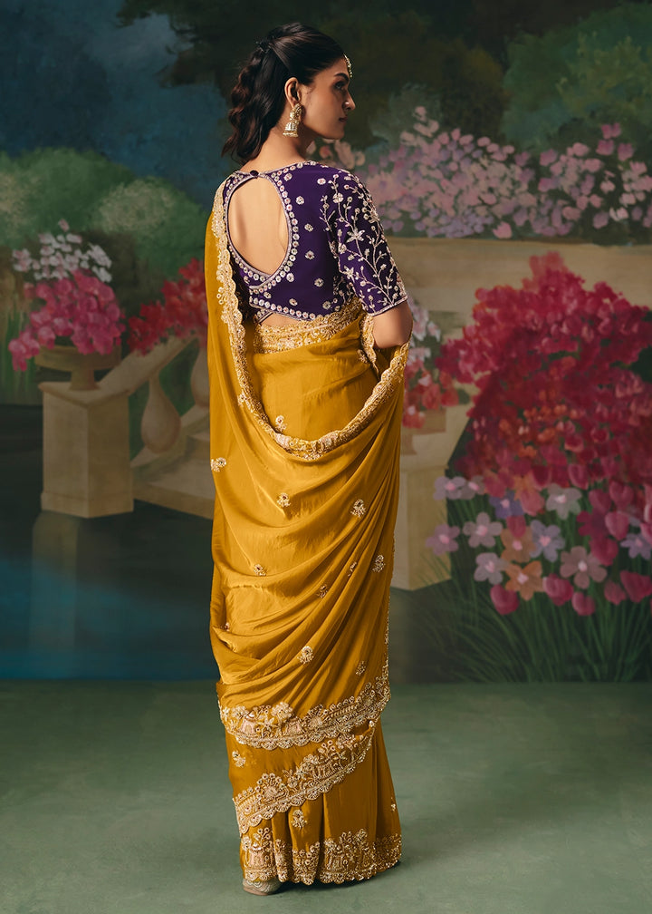 Mustard Yellow Designer Saree in Tissue Fabric with Hand Embroidery