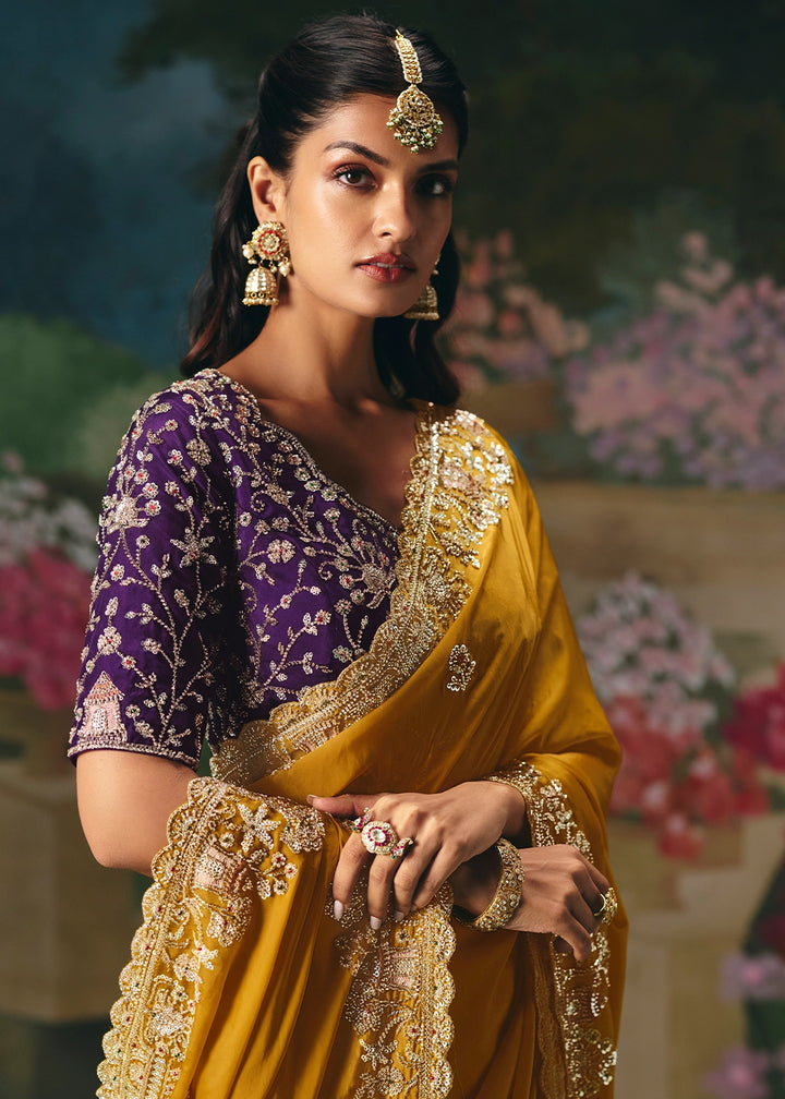 Mustard Yellow Designer Saree in Tissue Fabric with Hand Embroidery
