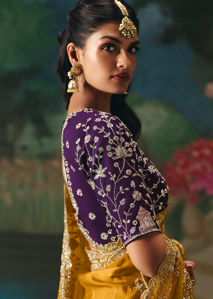 Mustard Yellow Designer Saree in Tissue Fabric with Hand Embroidery