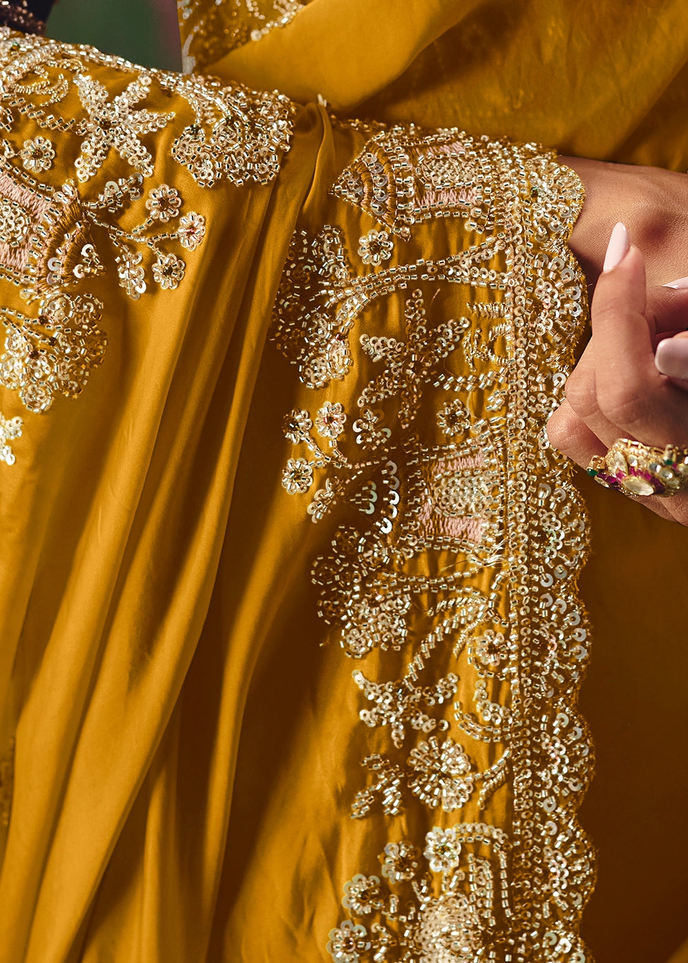 Mustard Yellow Designer Saree in Tissue Fabric with Hand Embroidery