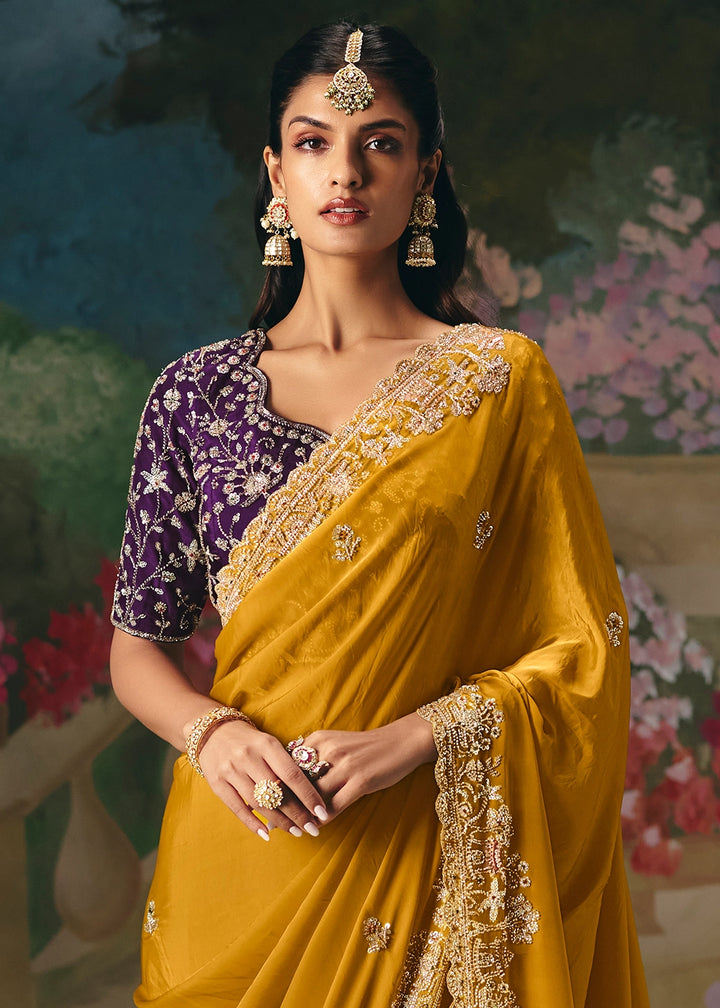 Mustard Yellow Designer Saree in Tissue Fabric with Hand Embroidery