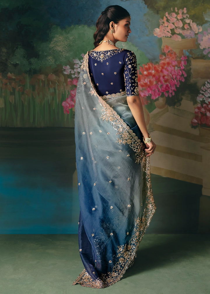 Shades Of Blue Designer Saree in Tissue Fabric with Hand Embroidery